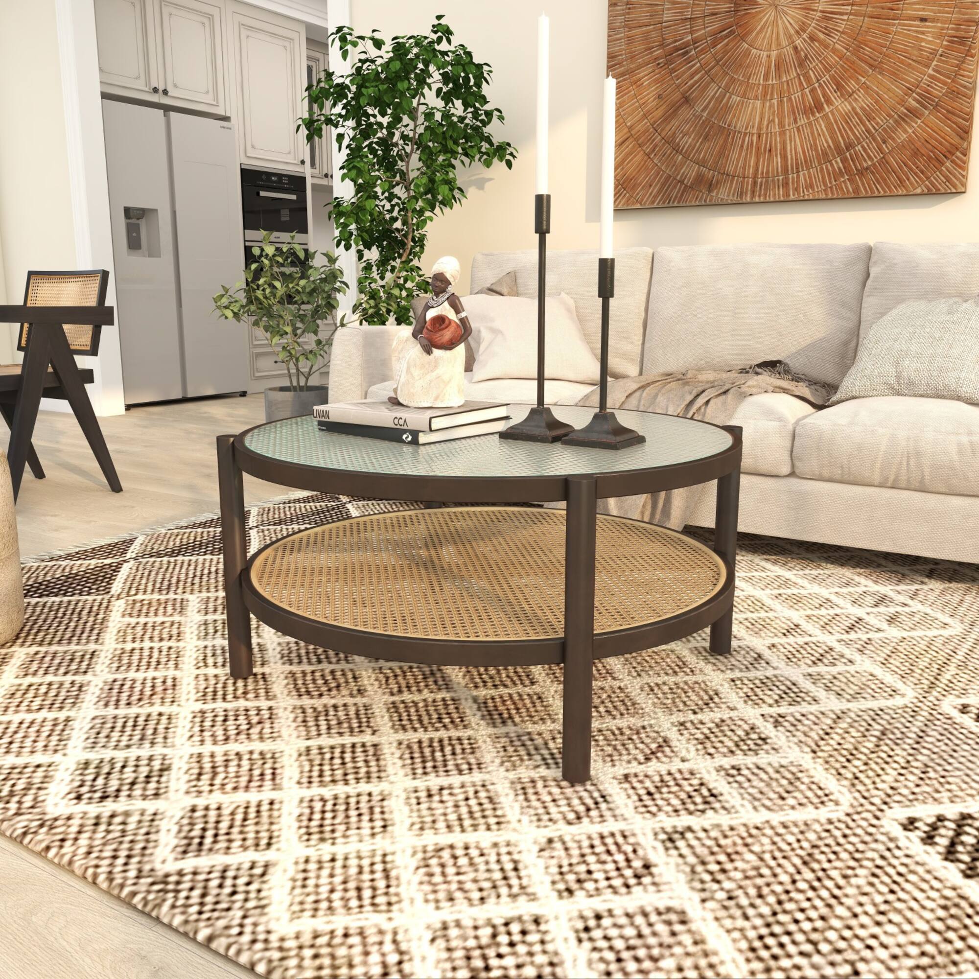 34" Brown Rattan Coffee Table with Pressed Tempered Glass Top